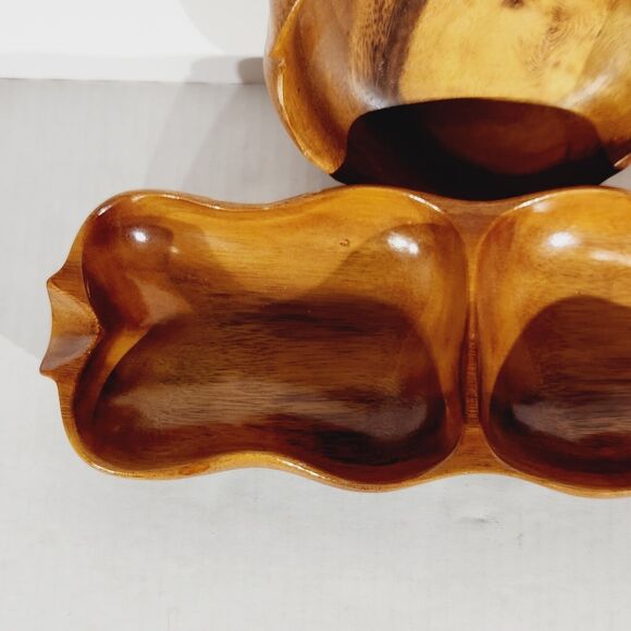 Monkey Pod Hawaiian Wood Lot of 2 Divided Serving Dish Flower Bowl Hand Carved - Picture 2 of 11